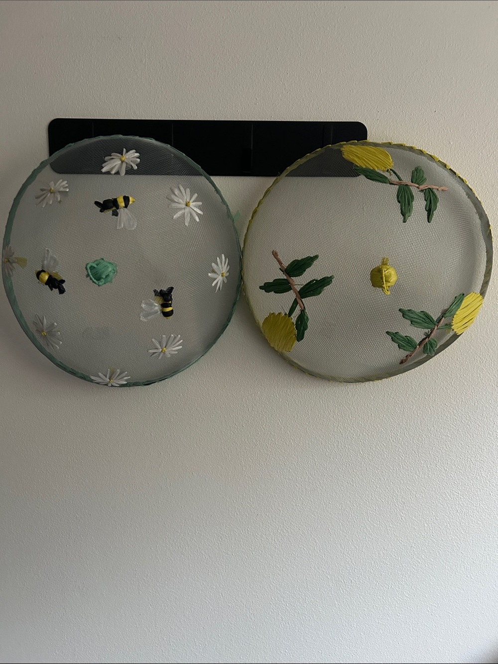 2  Mesh Food Covers.  Green Mesh Bees/Daisies + Yellow Mesh Leaves.